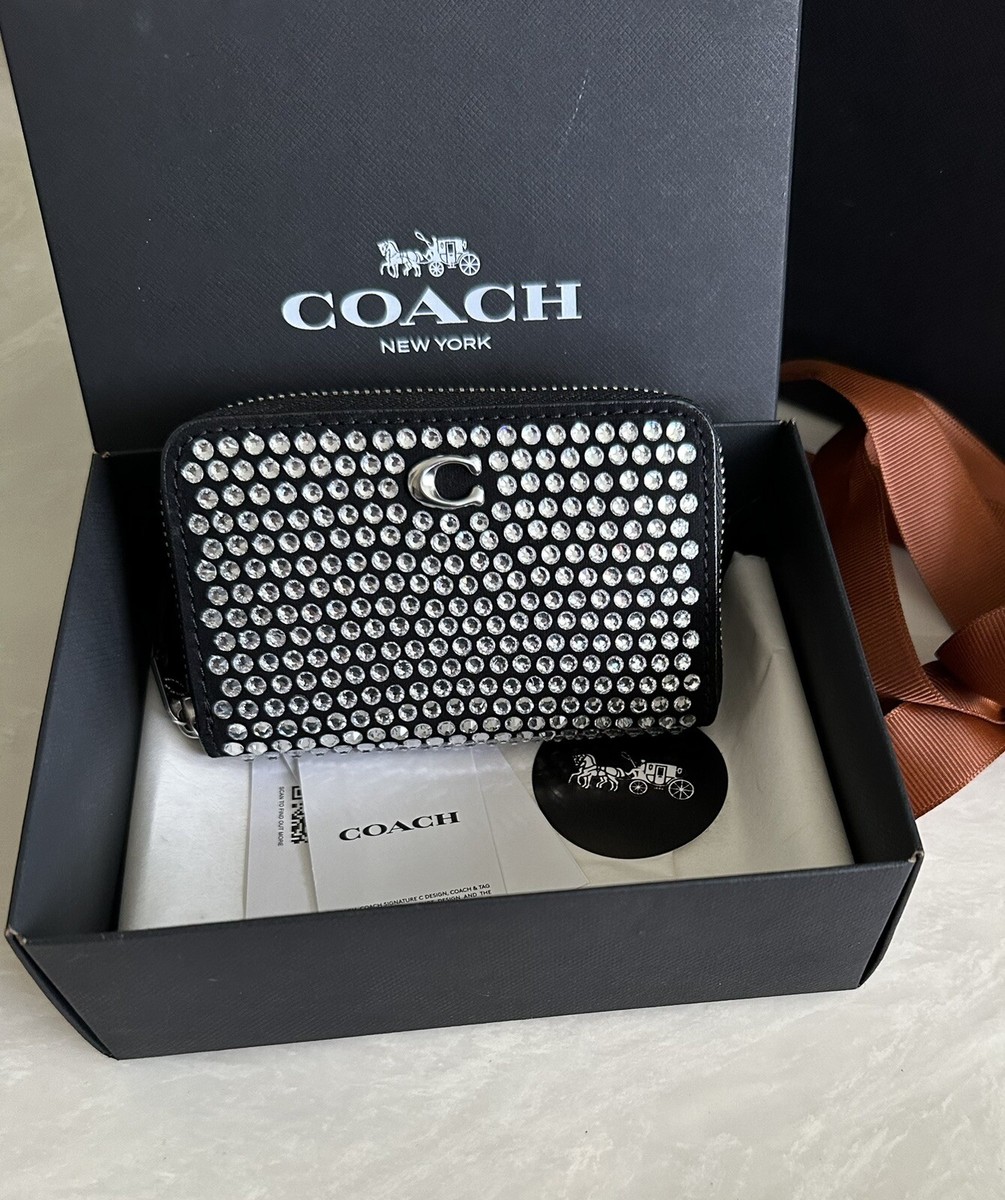 NWT COACH CRYSTAL ZIP CARD CASE BLACK LEATHER CX251 GIFT BOX | eBay