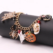 Halloween Fall Bracelet Dangle Enamel Painted Crystal Rhinestone and Gold Bag