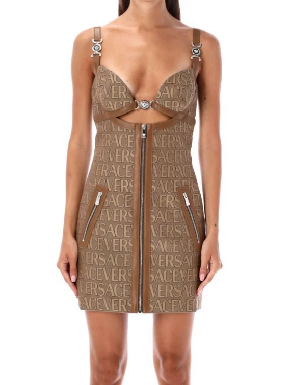 Mini abito nuovo con etichette Versace logo tutto over tela finiture in pelle con finiture in pelle $3050 taglia 6 US 42 IT
