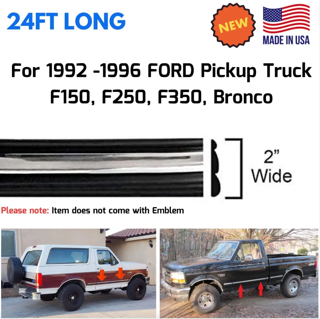 Black Chrome Side Body Trim Molding for 92-96 F150 F250 F350 Bronco Pickup Truck