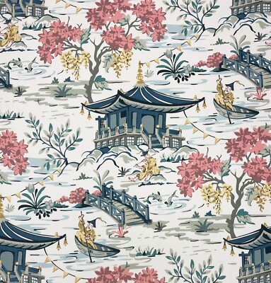 HAMILTON TEAHOUSE SLATE CHINOISERIE ASIAN TOILE MULTIUSE FABRIC BY THE YARD 54''W