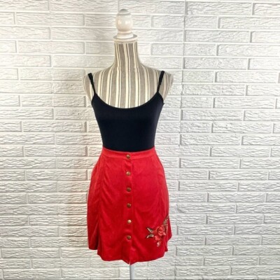 red floral button front skirt