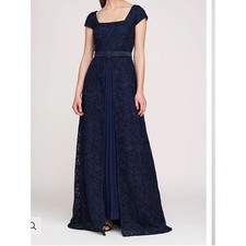 Kay Unger Claudia Navy Lace Pleated Tea Length Dress Sz 6 Mother of the Bride