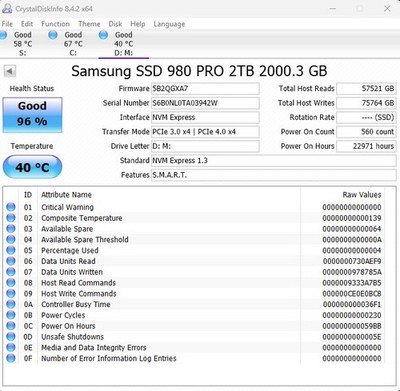 Samsung 980 PRO 2TB PCIe 4.0 NVMe M.2 2280 SSD 7000MB/s V-NAND 96% Health 