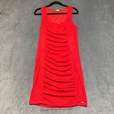 Guess Bodycon Dress Women Large Red Floral Lace Overlay Ruched Detail Sleeveless