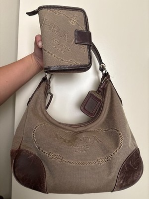 Prada logo jacquard canvas shoulder bag with matching compact wallet