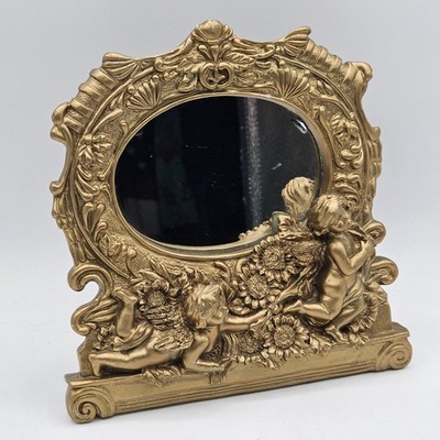 Ornate Gold Cherub Mirror Baroque Style Resin Frame Floral Vintage Look 8x7.5