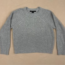 French Connection Light Gray Crewneck Sweater with Pearl Accents Size Small