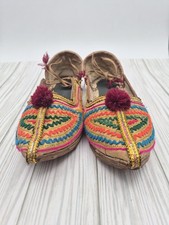 Vintage Rainbow Embroidered Indian Khussa Slippers with Pom Poms Size 6