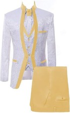 Paisley Slim Fit White Premium Floral Tuxedo Prom Wedding Groom 3 Pieces Suits