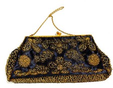 Vtg Black Gold Beaded Micro Evening Purse Handmade In France Gold Chain 1"x8"x4"