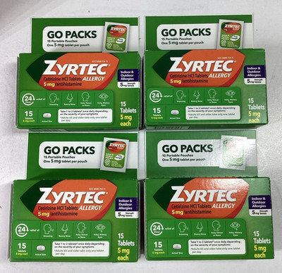 4x Zyrtec Allergy 24hr Relief  5mg Cetirizine Go Pack Tablets 15/Pack Exp 07/27