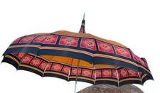 Vtg Pagoda Parasol Umbrella Orange Black, White Bakelite Hook Handle Steampunk