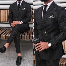Summer Men's Black Striped Suits 2 Pieces Six Buttons Pinstripe Jacket Pant Sets