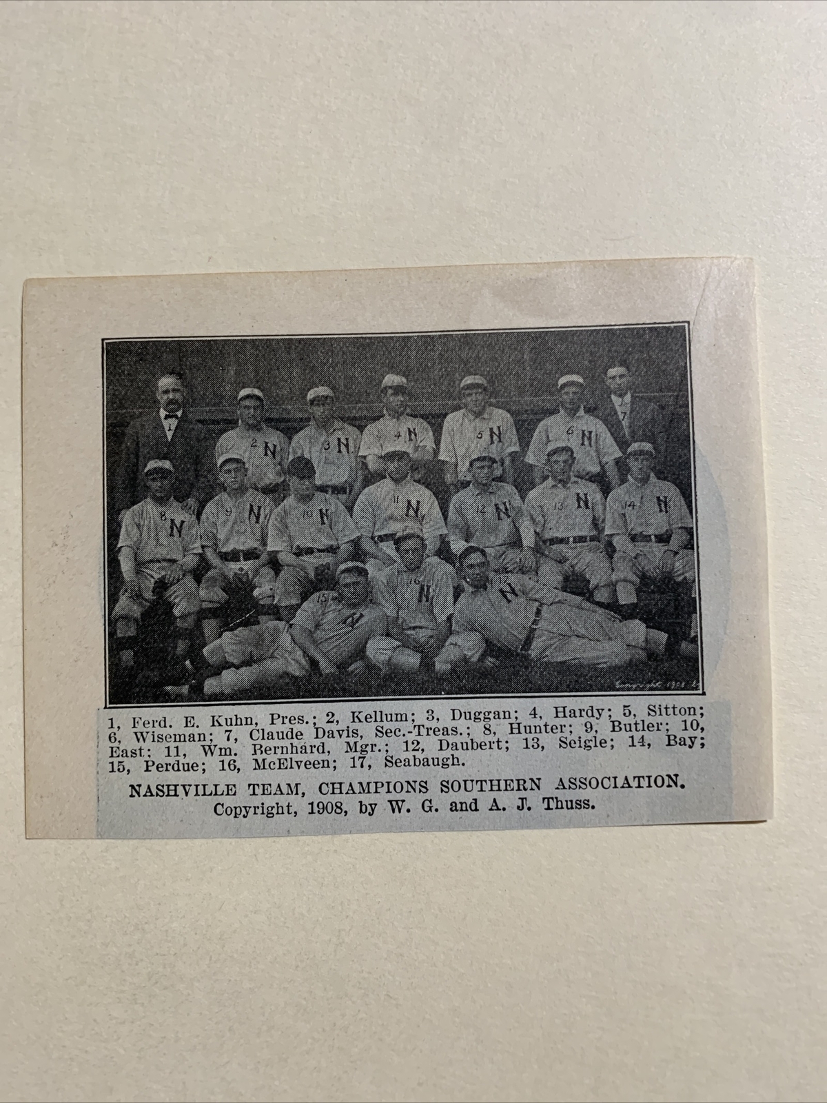Nashville Volunteers Win Kellum Jake Daubert Harry Bay 1908 Baseball ...