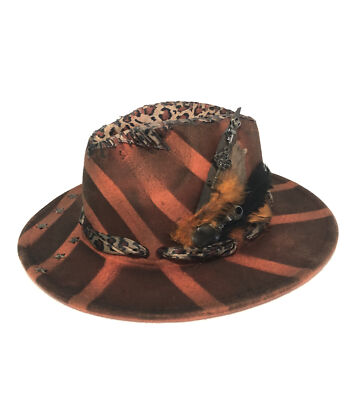 Tazzle s 1of1 Custom Wester/Fedora Hat-Burnt Orange W/ Stripe-Cheetah Silk, Star
