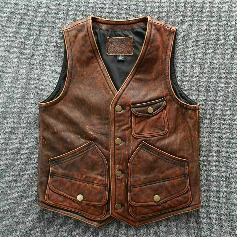 Chaleco Chaqueta para Hombre Motociclista Vintage Marrón Bronceado Vintage Cuero Real Motocicleta