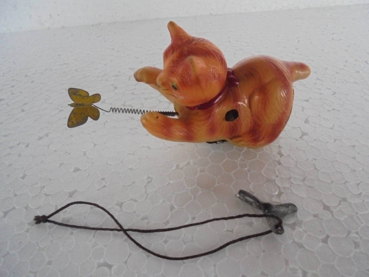 Jouet Mécanique Ancien - Chat Au Papillon En Celluloïd (Japon, Fonctionne)