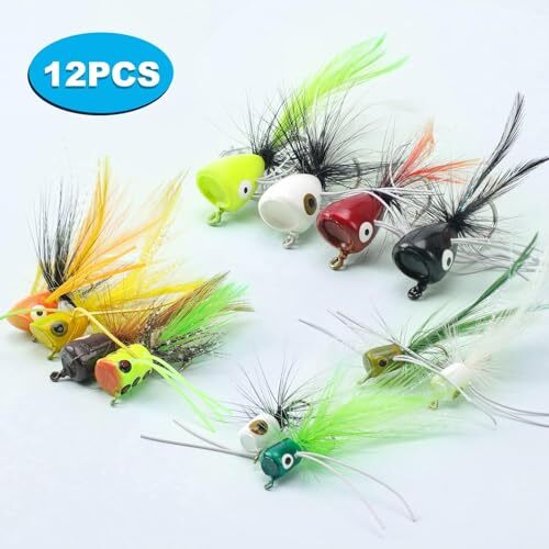 best bass popper fly lures Lu'au Frog by Rainy's // Hula Popper Green/Yellow / #1/0 This popper is a bright and aggressive looking popper pattern 12PCS Fly Fishing Popper Flies,
