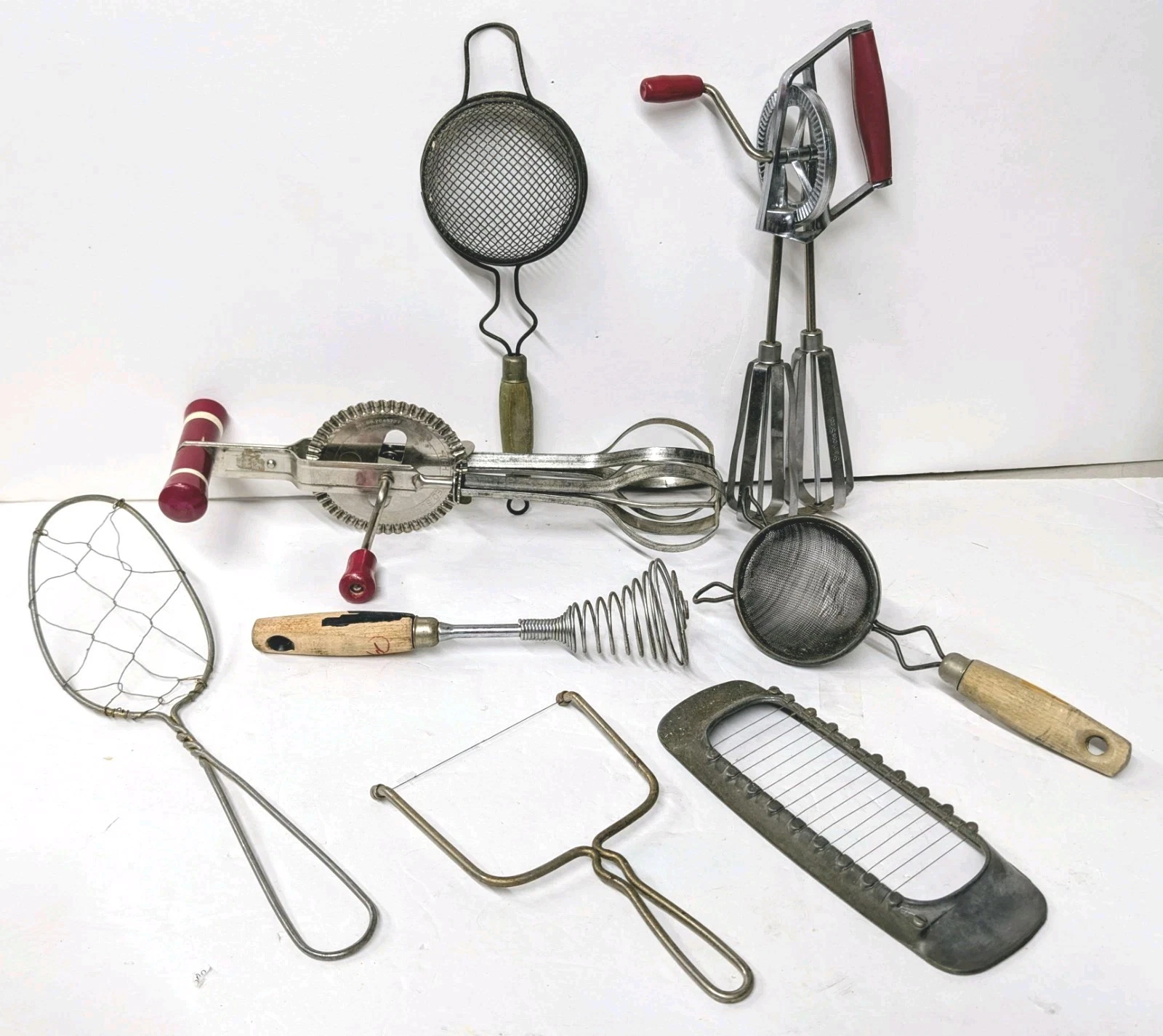 Vintage Kitchen Ware Wood Handle Egg Beater Whisk Strainer Utensils Lot
Opens in a new window or tab