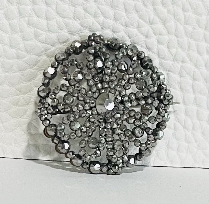 Antique Victorian Cut Steel Brooch Pin 1.5” Floral Rosette Riveted c1860