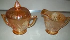 Vtg Jeannette Carnival Glass Iris Herringbone Marigold Lidded Sugar Creamer Set