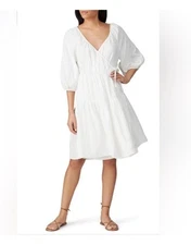 $276 Love, Whit White Puff Sleeve V-Neck Wrap Dress Size small