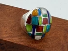 Vintage colorful enamel mosaic ring 925 Sterling silver dome electroform size 7
