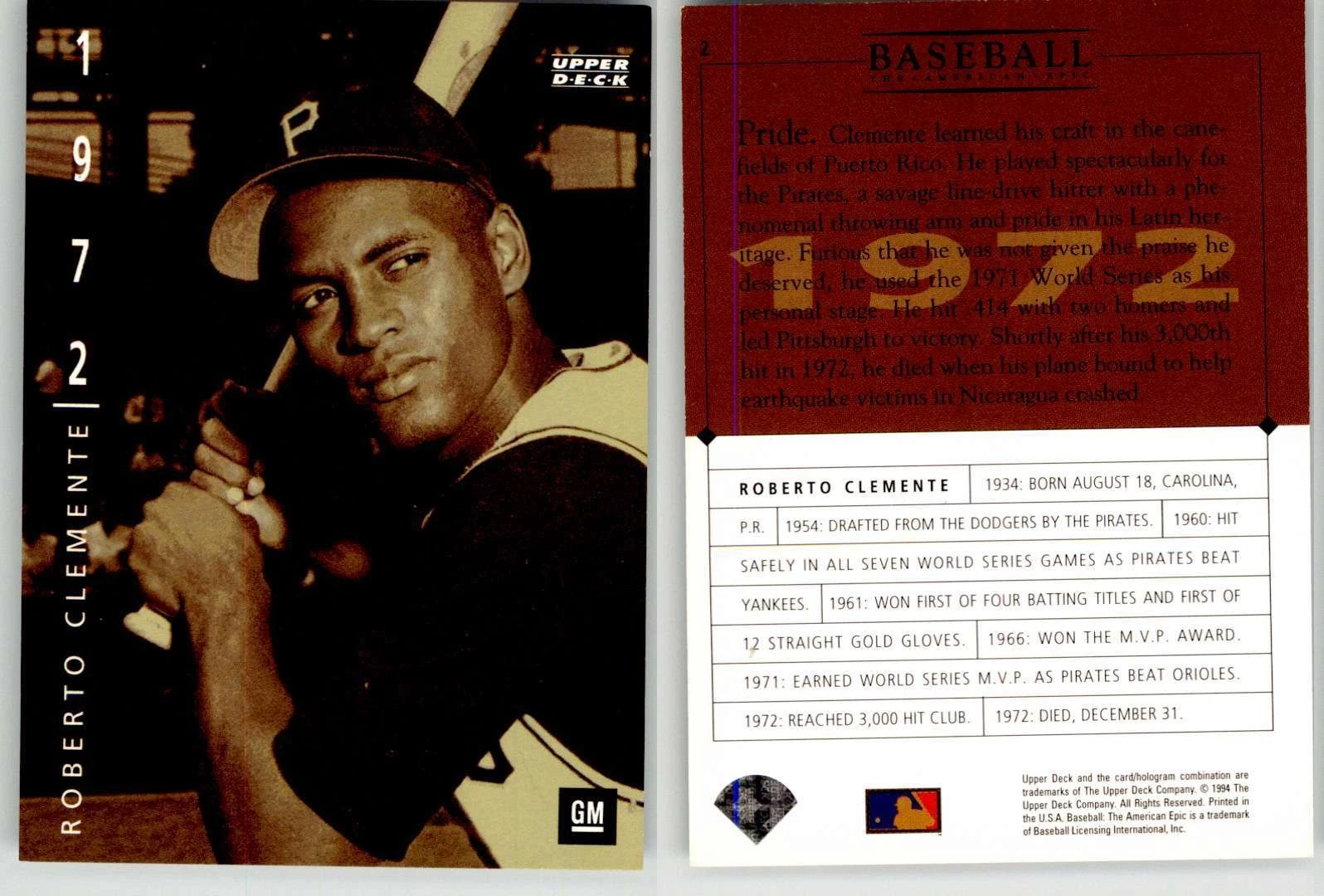 Roberto Clemente 1994 Upper Deck The American Epic GM #2 Pirates HOF