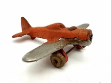 Vintage Hubley No 2227 Cast Iron Airplane Orange Toy Plane USA Wooden Wheels