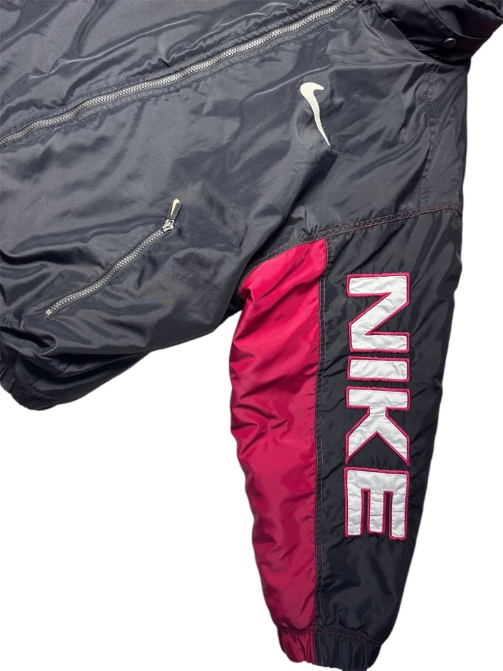 VINTAGE 90s NIKE Big Logo Sleeve Spellout Puffer Jacket Black Pink Y2K Retro M/L - Image 3 of 4