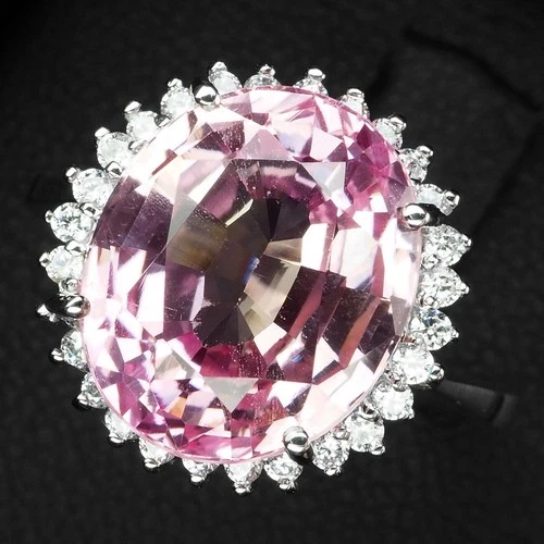 925 Sterling Silver White Gold Halo Rings Invaluable Soft Pink Kunzite 7.15Ct