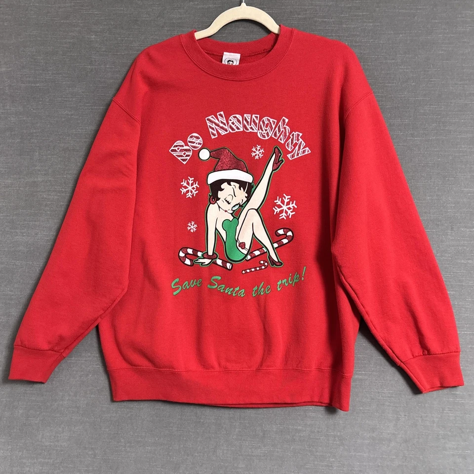 Винтажная толстовка Betty Boop большая рождественская Be Naughty Santa праздничная смешная y2k - Изображение 2 из 4