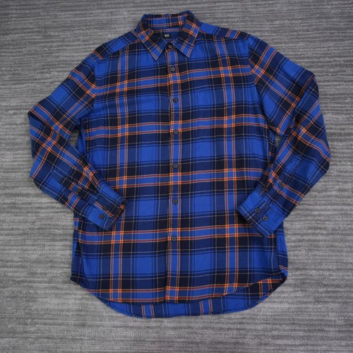 Uniqlo Mens Blue Plaid Flannel Button Down Shirt Long Sleeve Pocket Large