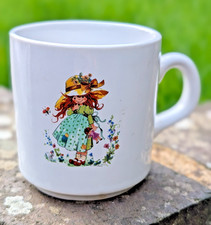 Vtg Children's Size Ceramic PURBECK Little Girl Mug Cup Holly Hobbie Style