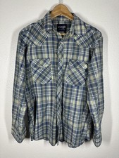 Wrangler Western Shirt Mens Medium Blue Green Plaid Snap Pearl Snap Cowboy