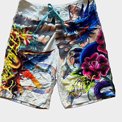 Ed Hardy Men's Board Shorts 30 White/Multicolor Tattoo Tiger Print