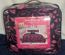 Juicy Couture Black Pink Lips 8 Psc QUEEN Bed Comforter Shams Sheet Pillow Set