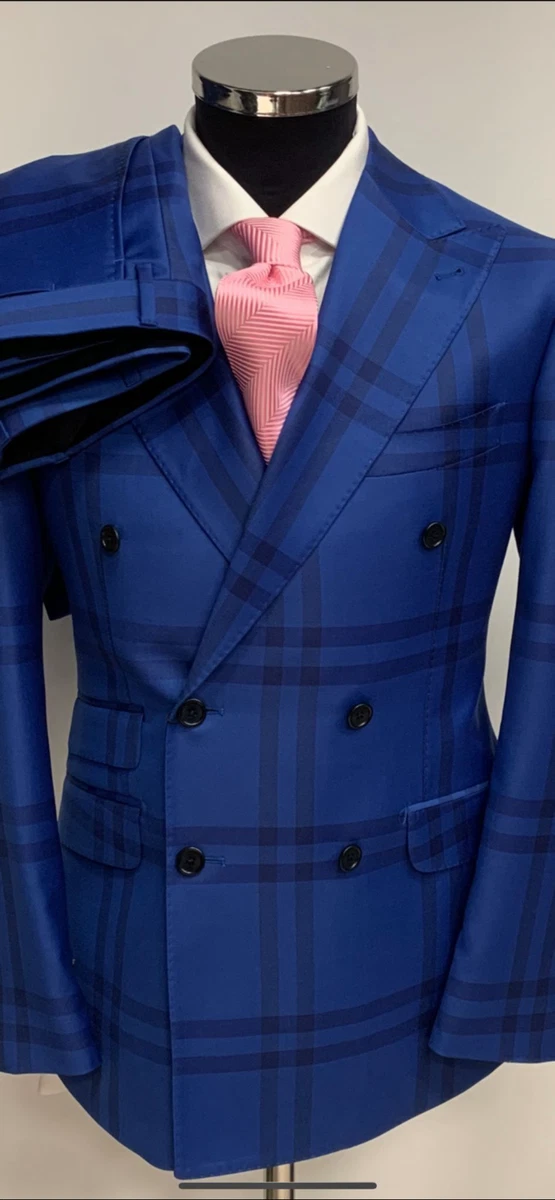 Blue/black Burberry print super 150 Cerruti wool suit peak lapel/ ticket pocket