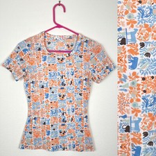 Vtg 70s Bavarian FOLK PEASANT TOP Short Sleeve Polyester HIPPIE Shirt Colorful S