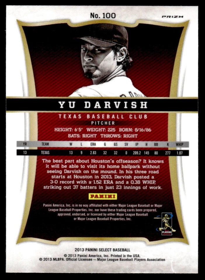 2013 Panini SELECT HOLO Yu Darvish Texas Rangers #100 - Image 2 of 2