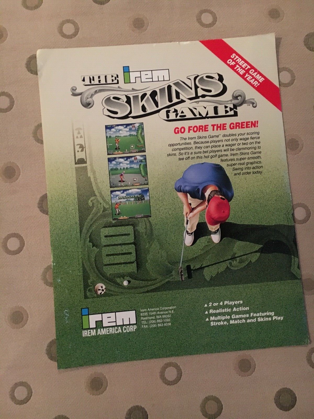 Irem Skins Game Video Game Flyer, 1992 NOS