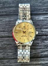 Vintage Japan Orient 3 Star Mens Silver Watch Gold Dial