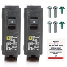 Genuine Square D HOM115 Circuit Breaker Kit Bundle (2 Pack), 15 Amp (15A) Sin...