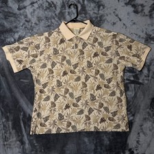Vintage L.L. Bean Polo Short Sleeve All Over Print Leaves Collard Shirt Large