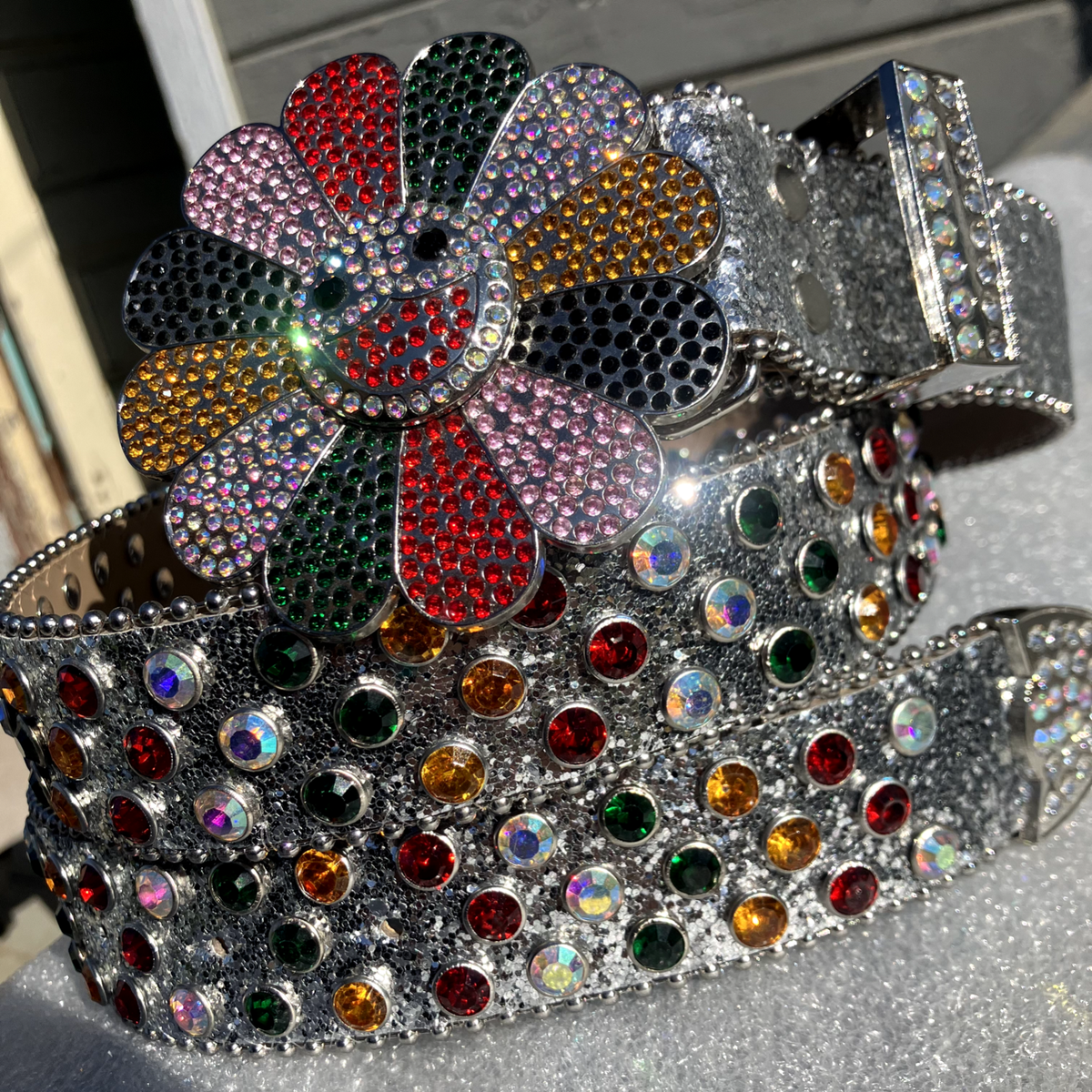 RARE* Y2K MURAKAMI FLOWER SILVER RHINESTONE GLITTER STUDDED 