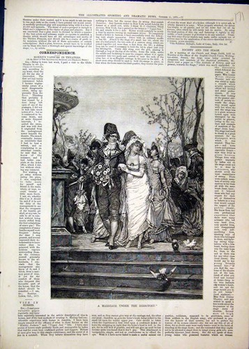Original Old Antique Print 1879 Marriage Scene Directory Bride Groom Steps Birds