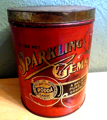#ad 1920#x27;S RODDA SPARKLING GEMS 3 LB CANDY TIN RED amp; GOLD $35.00