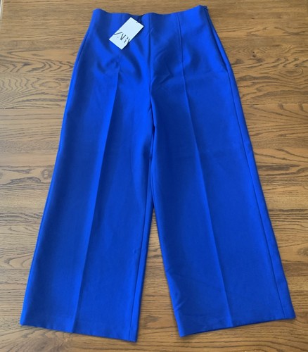 Zara Bright Electric Blue Cropped Trousers Women Sz L Wide Leg High Waisted BNWT