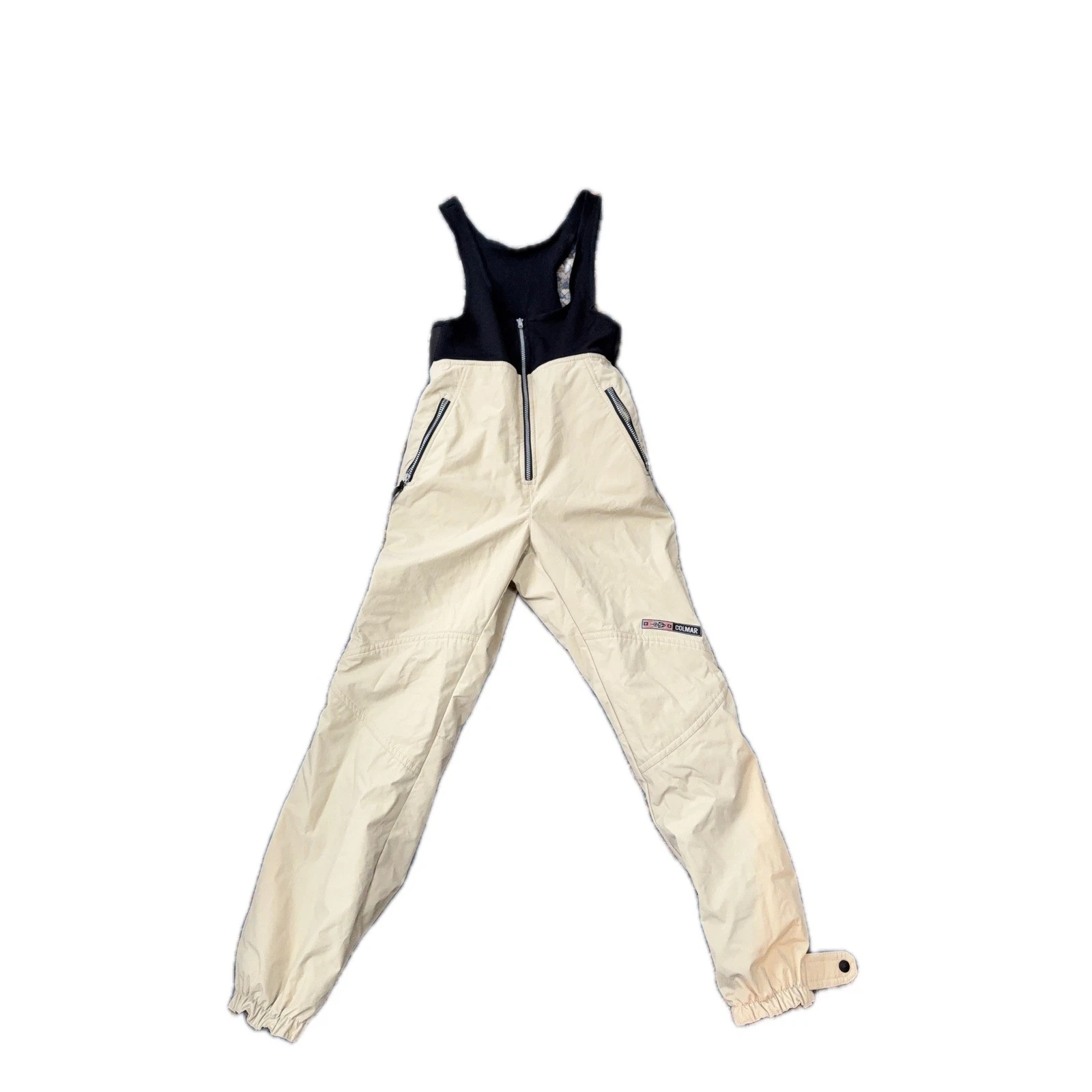 VTG Colmar 90's Womens Ski Bib Pants Snow Overalls Beige Black Deadstock